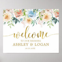 Elegant Pastel Blue Blommigt Bröllop Välkommen Poster