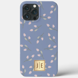 Elegant Pastel Blue Blommigt Shiny Guld Monogram
