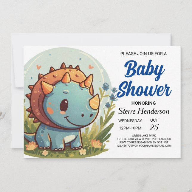 Elegant Pastel Blue Dinosaur Boy Shower Inbjudningar (Framsida)