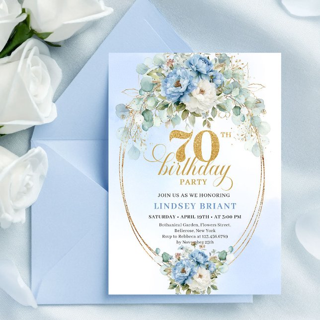 Elegant Pastel Blue Flowers 70th Birthday Invites Inbjudningar (Elegant Pastel Blue Flowers 70th Birthday Invitation)