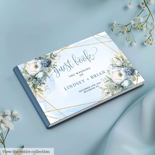 Elegant Pastel Blue White Guld Blommigt Guest Bok (Elegant Pastel Blue White Gold Floral Guest Book)