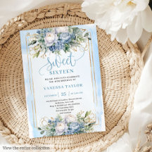 Elegant Pastel Blue White Guld Blommigt Sweet 16