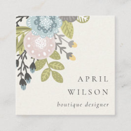 Elegant Pastel Boho  Blue Grönt Leafy Blommigt Fyrkantigt Visitkort