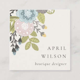 Elegant Pastel Boho Blue Grönt Leafy Blommigt Fyrkantigt Visitkort