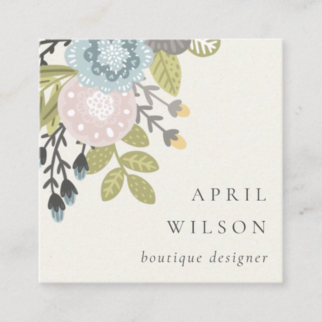 Elegant Pastel Boho  Blue Grönt Leafy Blommigt Fyrkantigt Visitkort (Framsida)