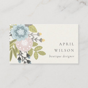 Elegant Pastel Boho Blue Grönt Leafy Blommigt Visitkort