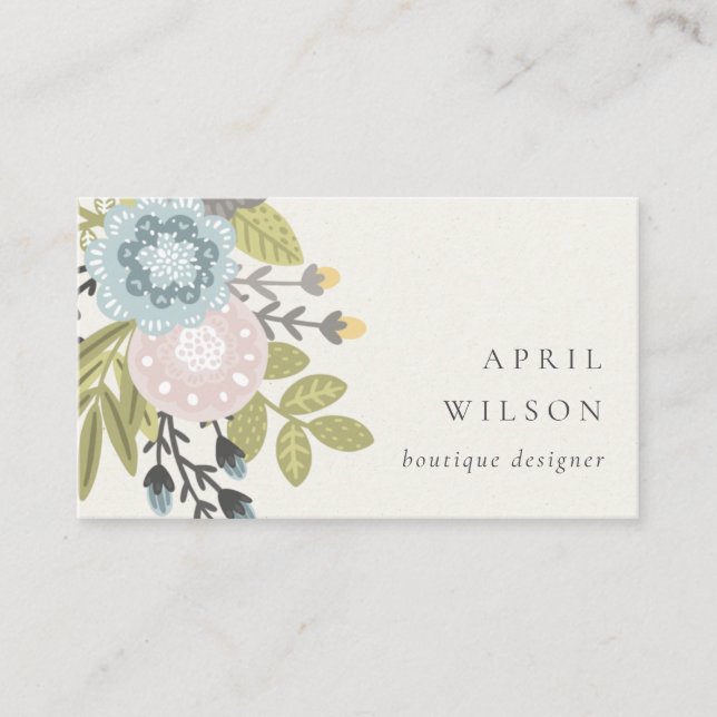Elegant Pastel Boho  Blue Grönt Leafy Blommigt Visitkort (Framsida)