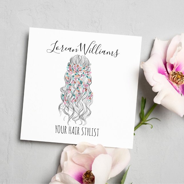 Elegant Pastel Bride Vågigt Blommigten Hair Stylin Fyrkantigt Visitkort (Skapare uppladdad)