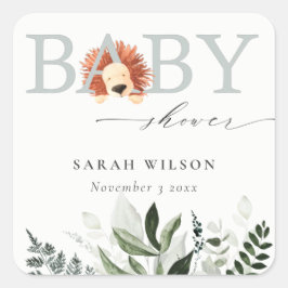 Elegant Pastel Cute Boho Lejon Foliage Baby Shower Fyrkantigt Klistermärke