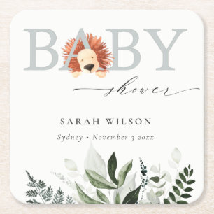Elegant Pastel Cute Boho Lejon Foliage Baby Shower Underlägg Papper Kvadrat