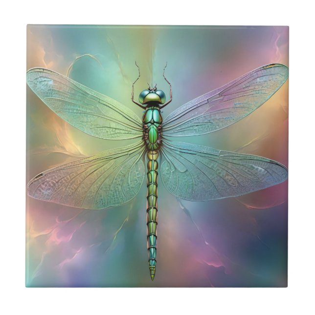Elegant Pastel Dragonfly Fractal Art, Kakelplatta (Framsidan)