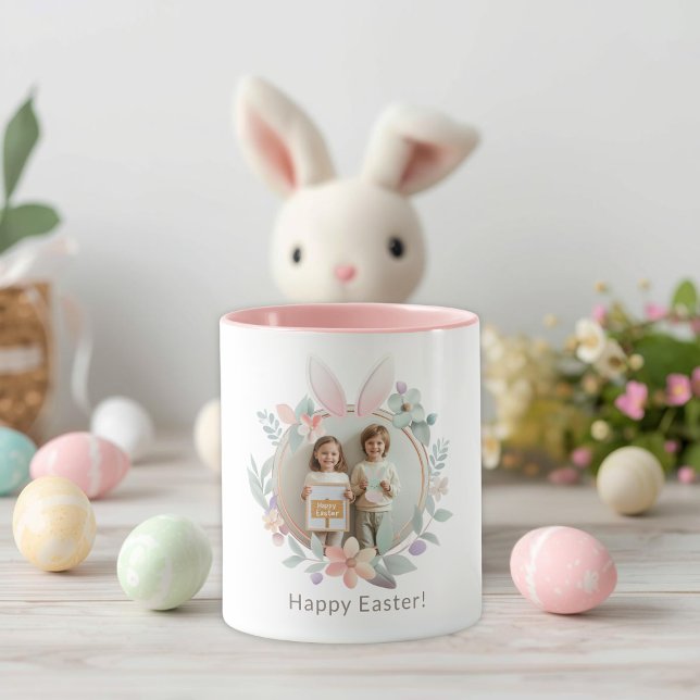 Elegant Pastel Easter Photo Mug with Bunny Frame Mugg (Skapare uppladdad)