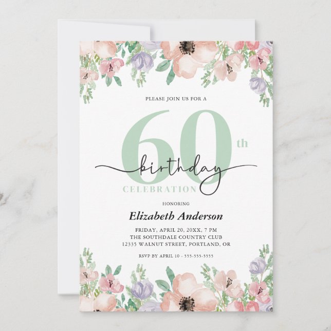 Elegant Pastel Floral 60th Birthday Party Inbjudningar (Framsida)