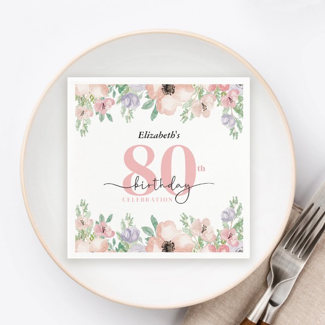 Elegant Pastel Floral 80th Birthday Party Pappersservett (Skapare uppladdad)