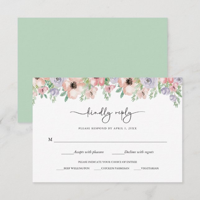 Elegant Pastel Floral Party Response Card OSA Kort (Fram/baksida)