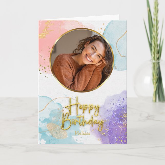 Elegant Pastel Gold Script Circle Photo Birthday Kort (Framsida)