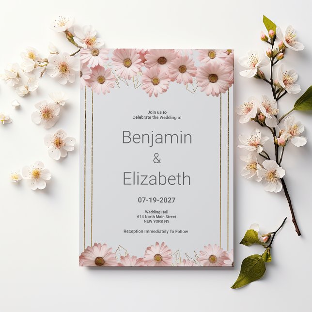 Elegant pastel grått rosa guld daisy blommigt Bröl Inbjudningar (Elegant pastel gray pink gold daisy floral Wedding )