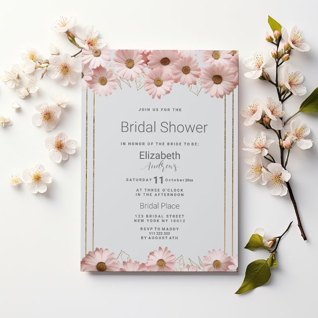 Elegant pastel grått rosa guld daisy Möhippa Inbjudningar (Elegant pastel gray pink gold daisy Bridal Shower)