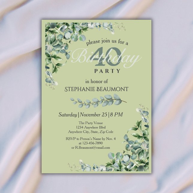 Elegant Pastel Green Flower Women's 40th Birthday  Inbjudningar (Skapare uppladdad)