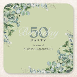 Elegant Pastel Green Flower Women's 50th Birthday  Underlägg Papper Kvadrat