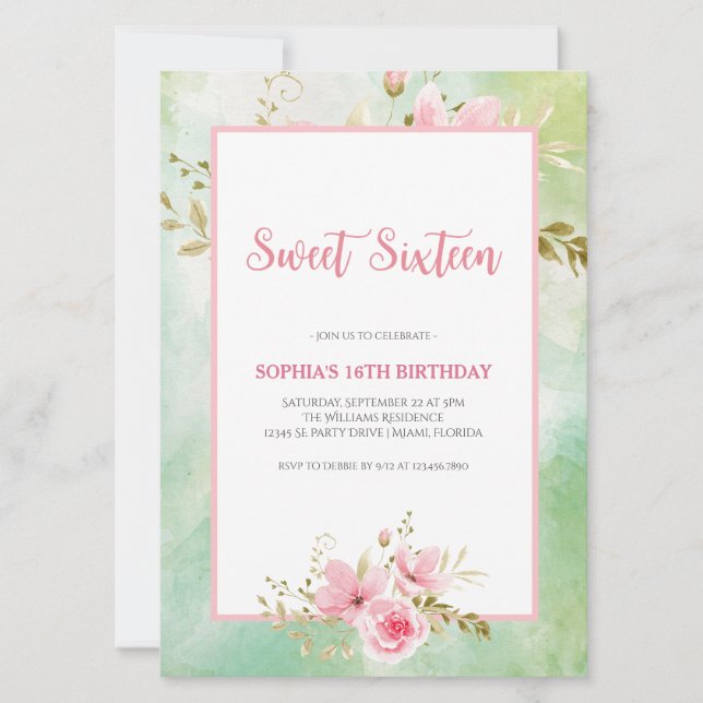 Elegant Pastel Grönt & Rosa Blommigt Sweet sixteen Inbjudningar (Framsida)