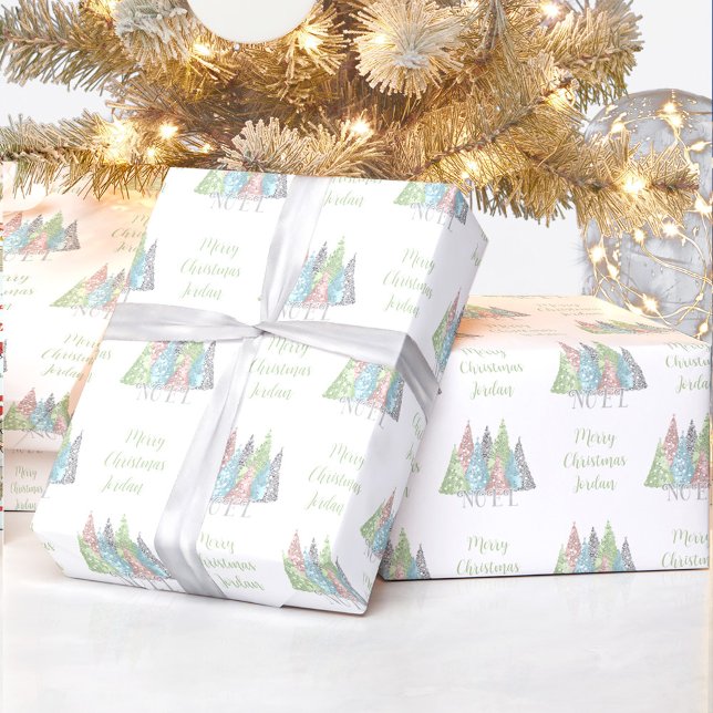 Elegant Pastel Julgran Namn jul Presentpapper (Elegant Pastel Glitter Christmas Tree Christmas Wrapping Paper)