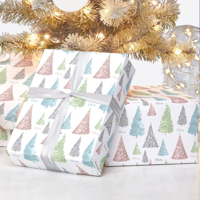 Elegant Pastel Julgran Namn Presentpapper (Elegant Pastel Christmas Tree Name Wrapping Paper)