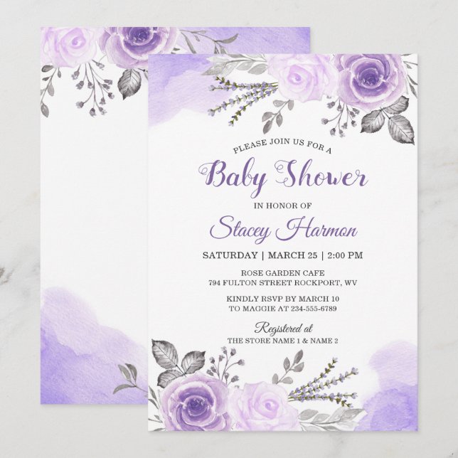 Elegant Pastel Lila Blommar Flowers Baby Shower Inbjudningar (Fram/baksida)