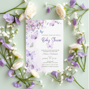 Elegant Pastel Lila Blommigt Butterfly Baby Shower Inbjudningar