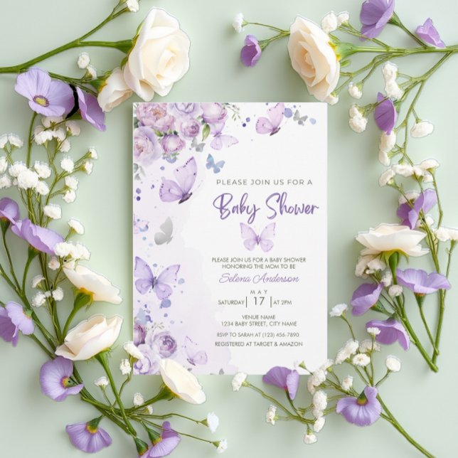 Elegant Pastel Lila Blommigt Butterfly Baby Shower Inbjudningar (Skapare uppladdad)