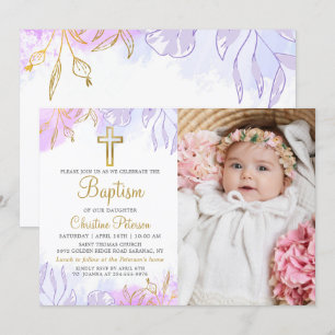 Elegant Pastel Lila Guld Blommigt Baptism Foto Inbjudningar