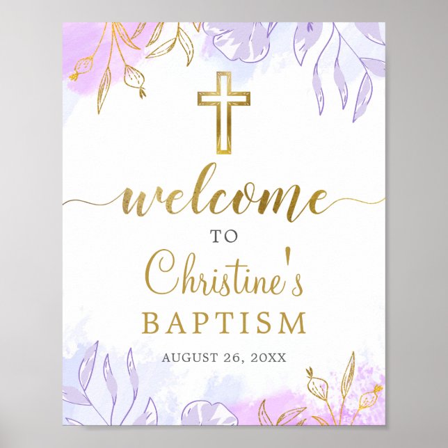 Elegant Pastel Lila Guld Blommigt Baptism Välkomme Poster (Framsidan)