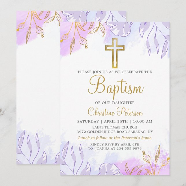Elegant Pastel Lila Guld Blommigt Girl  Girl Girl  Inbjudningar (Fram/baksida)