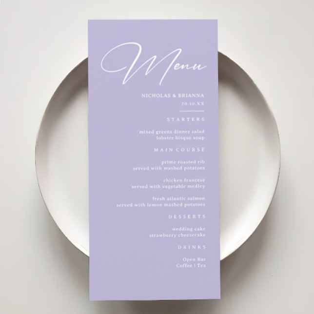 Elegant Pastel Lila Lavender Bröllop Meny (Skapare uppladdad)