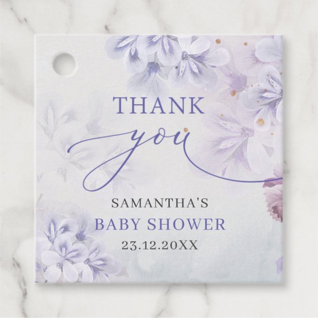 Elegant pastel lila vår blommor babydusch gåvor etiketter (Framsida)