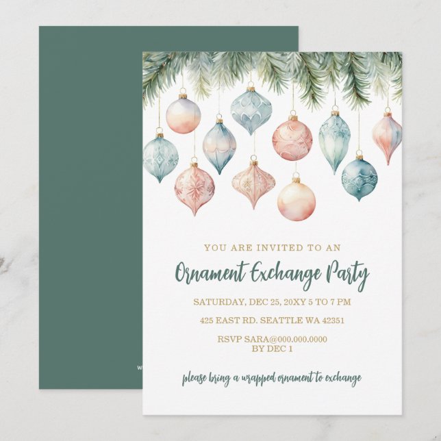 Elegant Pastel Ornament Exchange Christmas Party Inbjudningar (Fram/baksida)