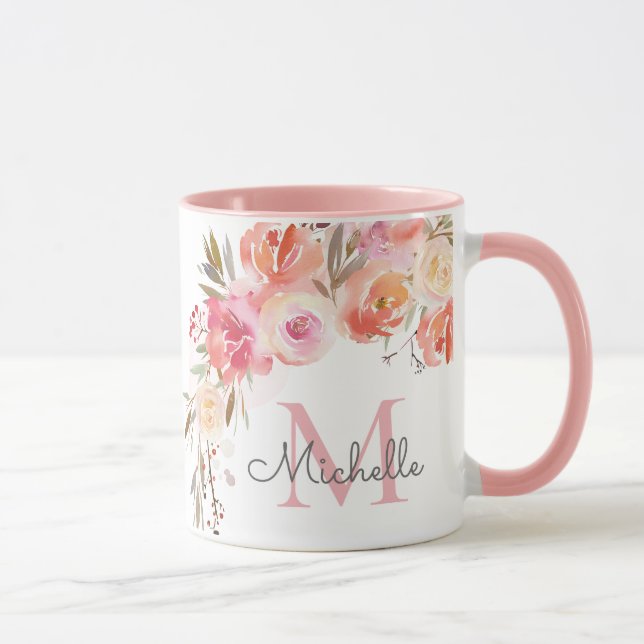 Elegant Pastel Peach Rosa ros Blommigt Monogrammad Mugg (Höger)
