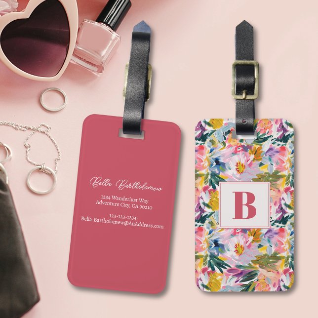 Elegant Pastel Rosa Abstrakt Blommigt  Monogrammad Bagagebricka (Monogrammed pink abstract floral luggage tag)