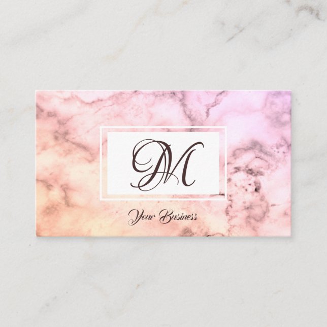 Elegant Pastel Rosa Beige Marble Snyggt Monogram Visitkort (Framsida)