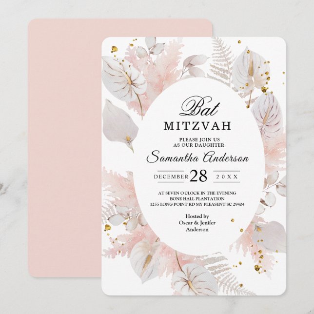Elegant Pastel Rosa Blommigt Ram & Guld droppar  Inbjudningar (Fram/baksida)