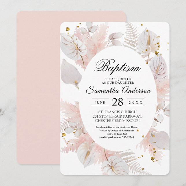 Elegant Pastel Rosa Blommigt Ram & Guld droppar  Inbjudningar (Fram/baksida)