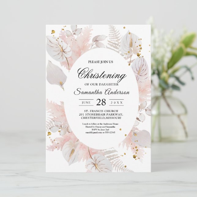 Elegant Pastel Rosa Blommigt Ram & Guld droppar  Inbjudningar (Stående Fram)