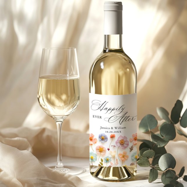 Elegant Pastel Rosa Boho Wildblomma Bröllop Vinflaska Etikett (Skapare uppladdad)