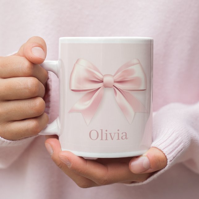 Elegant Pastel Rosa Bow & Namn Personlig Jumbo Mugg (Skapare uppladdad)