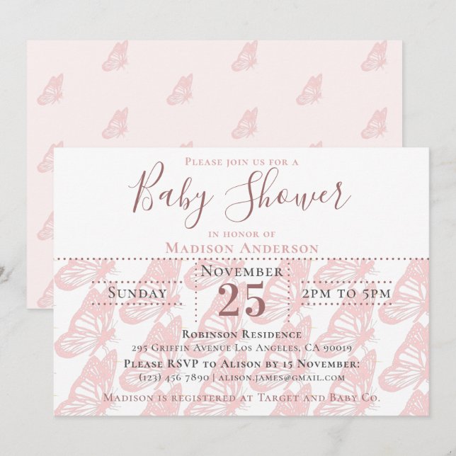 Elegant Pastel Rosa Butterfly Girl Baby Shower Inbjudningar (Fram/baksida)
