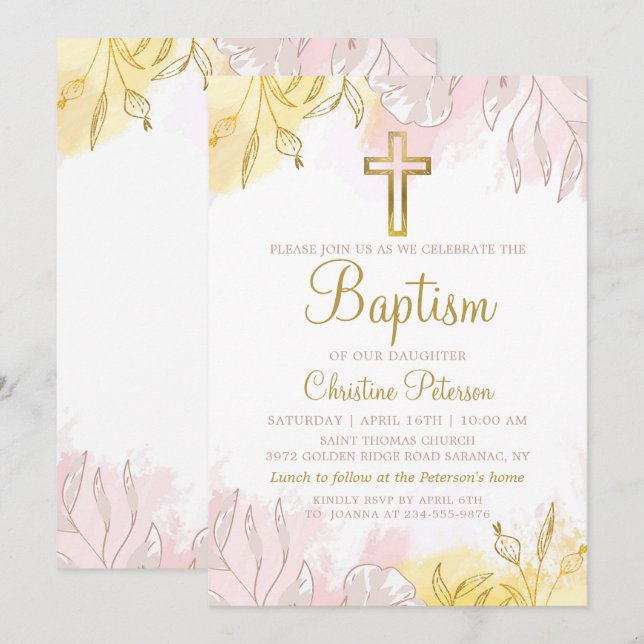 Elegant Pastel Rosa Guld Blommigt Girl  Girl Girl  Inbjudningar (Fram/baksida)