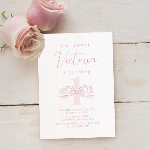 Elegant Pastel Rosa Hand plockade Bow 1:a födelsed Inbjudningar