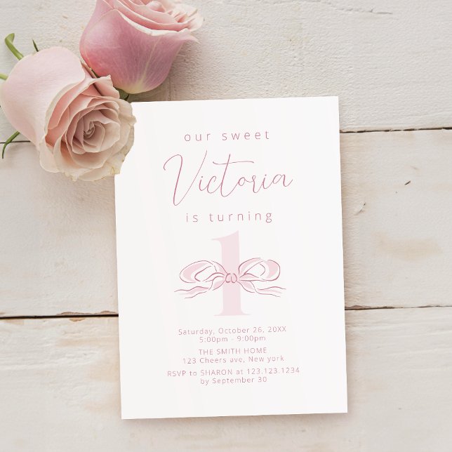 Elegant Pastel Rosa Hand plockade Bow 1:a födelsed Inbjudningar (Elegant Pastel Pink Hand Drawn Bow 1st birthday Invitation)