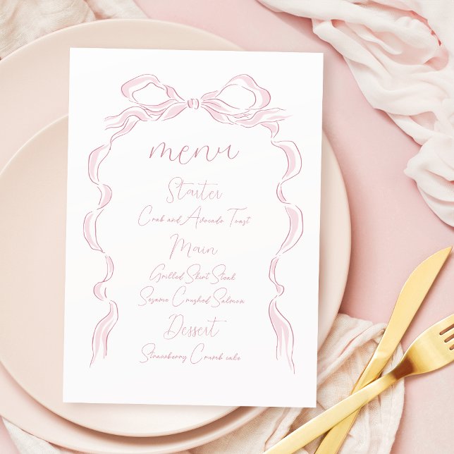 Elegant Pastel Rosa Hand plockade Bow Bröllop Meny (Elegant Pastel Pink Hand Drawn Bow Wedding Menu)