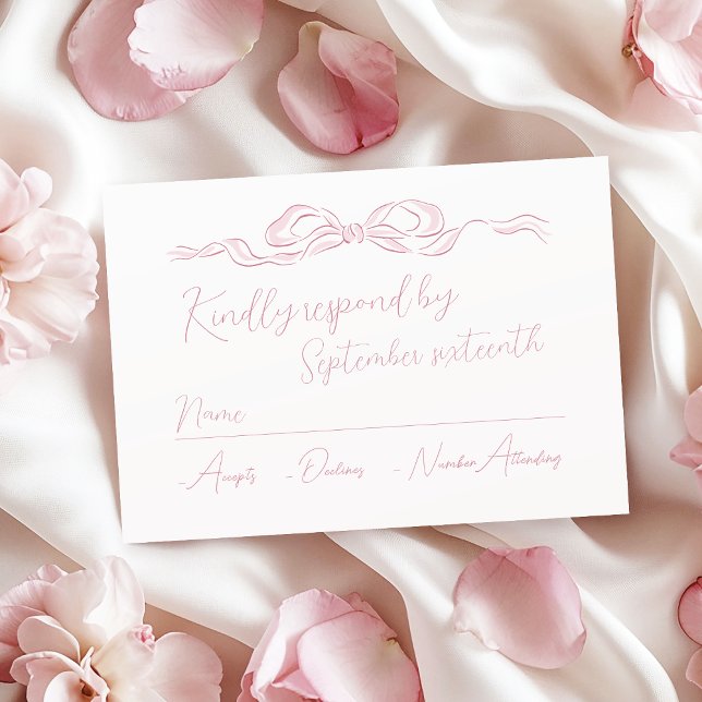 Elegant Pastel Rosa Hand plockade Bow Bröllop OSA Kort (Elegant Pastel Pink Hand Drawn Bow Wedding RSVP Card)